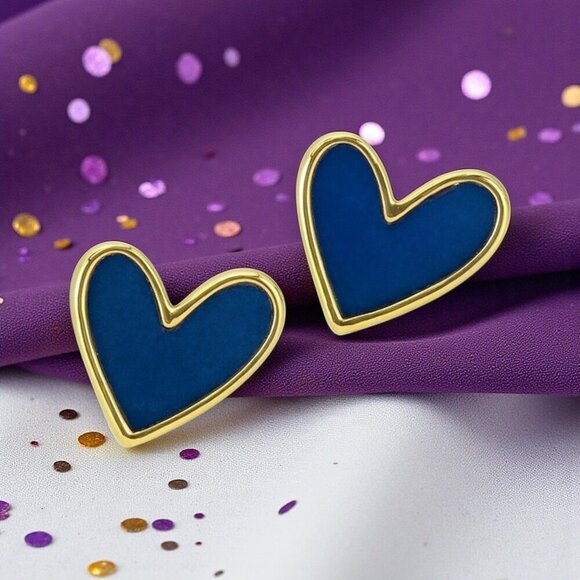 Royal Blue Enamel Heart Stud Earrings Gold Tone Statement Cute Gift for Girls - Picture 5 of 12